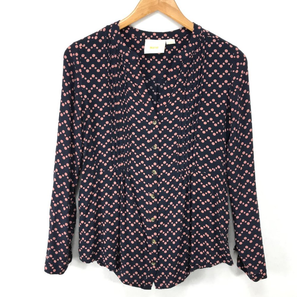 Maeve Anthropologie Top Womens S 4 Button Up Shirt Blue Pink Polka Dots Peplum